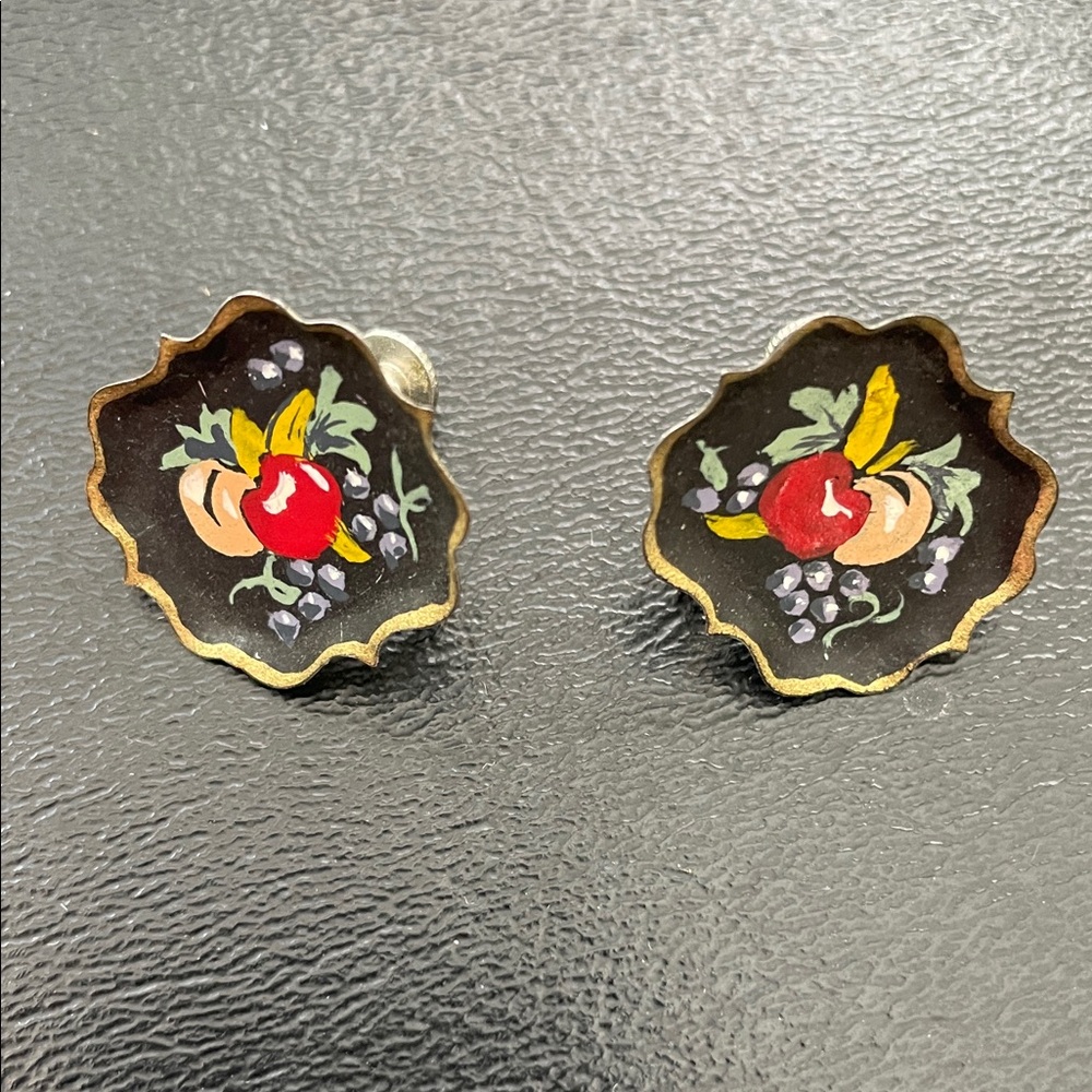 Vintage TOLE ware with Fruit Design Earrings Tray motif. Screw mid century 1960s